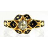 A VICTORIAN DIAMOND AND GOLD AND BLACK ENAMEL MOURNING RING ENGRAVED IN MEMORY OF CHAS ELKINS DIED