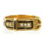 A SPLIT PEARL AND 15CT GOLD AND BLACK ENAMEL MOURNING RING OF BUCKLE DESIGN ENGRAVED J.E 1907