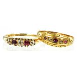 A RUBY AND DIAMOND FIVE STONE RING IN GOLD MARKED 18CT AND ANOTHER IN 18CT GOLD CHESTER 1901, 4.7G