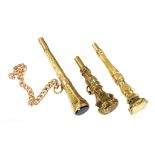 TWO VICTORIAN GOLD SLEEVED WATCH KEYS AND A CONTEMPORARY GOLD PLATED WATCH KEY