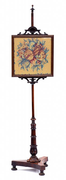 AN EARLY VICTORIAN ROSEWOOD POLE SCREEN WITH FLORAL WOOLWORK BANNER, 145CM H