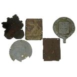 FIVE VARIOUS EMBOSSED COPPER AND OTHER METAL FIRE MARKS COMPRISING THE COUNTY ROYAL AND NOTTS AND