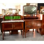 AN EDWARDIAN MAHOGANY AND LINE INLAID DRESSING TABLE WITH MARBLE TOPPED WASH STAND EN SUITE AND