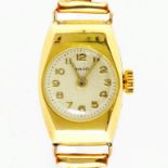 A MULCO 18CT GOLD LADY'S WRISTWATCH ON PLATED BRACELET