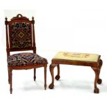 A LOUISE XVI STYLE CARVED BEECH CHAIR WITH EMBROIDERED SEAT AND A WALNUT STOOL ON CLAW AND BALL FEET
