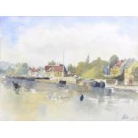 ENGLISH SCHOOL 1987 - A RIVER SCENE SIGNED AND DATED WATERCOLOUR 37CM X 49.5CM