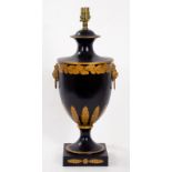 A BLACK AND GILT 'TOLE' VASE SHAPED LAMP IN EARLY 19TH CENTURY STYLE 38CM H