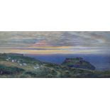 ENGLISH SCHOOL 19TH CENTURY SUNSET ON COAST WATERCOLOUR AND TWO OTHER WATERCOLOURS 63CM X 36CM