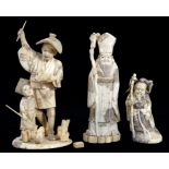 THREE JAPANESE CARVED IVORY FIGURES 9.5CM AND 17CM H ALL MEIJI