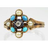 A VICTORIAN DIAMOND TURQUOISE AND SPLIT PEARL RING IN GOLD WITH FLUTED HOOP, 2.8G