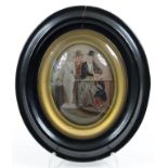 A HUMOROUS VICTORIAN CRYSTOLEUM OF TWO FIGURES STUDYING A SCULPTURE 11.5CM H EBONISED FRAME