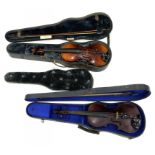 A VIOLIN AND A BOW IN CONTEMPORARY PLUSH LINED EBONISED WOOD EARLY 19TH CENTURY CASE WITH TRADE