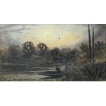 WILLIAM H. MULLER HEWITT - THE OLD PACKHORSE BRIDGE; SUNSET A PAIR BOTH SIGNED WATERCOLOUR 18CM X 31