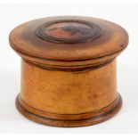 A VICTORIAN TURNED LABELLED AND VARNISHED SYCAMORE CYLINDRICAL GINGER SPICE BOX AND COVER, 10CM DIAM