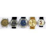 FIVE ETERNAMATIC ZENITH AND OTHER STAINLESS STEEL AND GOLD PLATED WRISTWATCHES