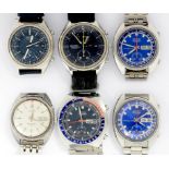 SIX VARIOUS SEIKO STAINLESS STEEL GENTLEMAN'S WRISTWATCHES WITH DAY AND DATE