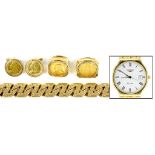 A GROUP OF GOLD ARTICLES COMPRISING A 9CT GOLD GENTLEMAN'S BRACELET, TWO 9CT GOLD COIN RINGS, ONE