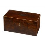 A REGENCY YEW WOOD AND LINE INLAID TEA CADDY, C1820 the fitted interior with pair of canisters and a