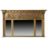 A VICTORIAN GILTWOOD AND COMPOSITION OVERMANTLE MIRROR, C1860 with charioteer frieze and pilasters