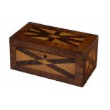 A VICTORIAN MAHOGANY, MAPLE AND ROSEWOOD TEA CADDY, C1840 with divided interior, 29cm w ++Lacks