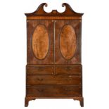 A GEORGE III MAHOGANY AND INLAID LINEN PRESS, C1790 the upper part fitted with three trays( but to