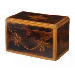 A GEORGE III MAHOGANY TEA CADDY, EARLY 19TH C inlaid at later date and decorated in penwork, the