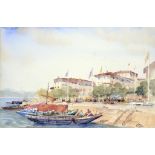 †FRANCIS MURRAY RUSSELL FLINT, ROI (1915-1977) A BUSY QUAYSIDE; LAKE SCENE (VERSO) the first signed,