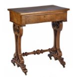 A VICTORIAN WALNUT WORK TABLE, C1860 with fretted standards, 75cm h; 41 x 84.5cm ++Top stripped;