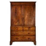 A GEORGE III MAHOGANY LINEN PRESS, EARLY 19TH C 202cm h; 56 x 126cm ++The upper part gutted and