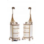 A PAIR OF UNUSUAL ENGLISH ART DECO CARVED AND PARTLY CREAM PAINTED WALNUT BEDSIDE CHESTS WITH