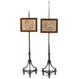 A PAIR OF VICTORIAN MAHOGANY POLE SCREENS , LATE 19TH C with floral wookwork banner, brass finial,