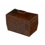 A REGENCY YEW WOOD AND STRING INLAID TEA CADDY, C1820-30 the interior with a pair of covers, 19cm