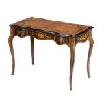 A VICTORIAN GILT BRASS MOUNTED SERPENTINE WALNUT AND MARQUETRY WRITING TABLE, C1870 with 'butterfly'