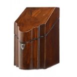 A GEORGE III MAHOGANY CULTERY BOX, C1800 with barber pole stringing and fitted interior, 38cm h ++