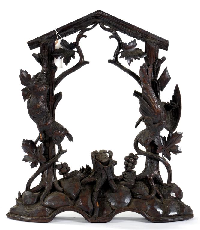 A GERMAN CARVED WOOD RUSTIC CUCKOO CLOCK SURROUND WITH HANGING GAME, 45CM H, LATE 19TH CENTURY