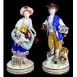 A PAIR OF SITZENDORF PORCELAIN FIGURES OF A FARMER AND COMPANION 30CM H, PRINTED MARK, 20TH CENTURY