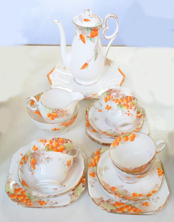 A SHELLEY TEA SERVICE DECORATED WITH AUTUMNAL FOLIAGE TEAPOT AND COVER 21CM H, PRINTED MARK