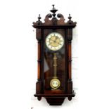 A STAINED WOOD 'VIENNA' WALL CLOCK WITH PRIMROSE ENAMEL CHAPTER RING AND GRIDIRON PENDULUM, 80CM