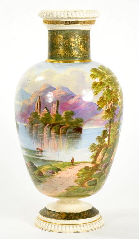 A VICTORIAN EARTHENWARE OVIFORM VASE PAINTED WITH A CONTINUOUS LANDSCAPE 31CM H, CIRCA 1880 - Image 2 of 2