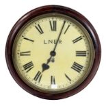 RAILWAY CLOCK. A WALL TIMEPIECE THE PAINTED DIAL INSCRIBED LNER, WITH BRASS DOOR AND TURNED MAHOGANY
