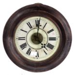 A 19TH CENTURY GERMAN STAINED WOOD POSTMAN'S ALARM WALL CLOCK WITH ENAMEL DIAL AND BRASS ALARM DISC,