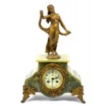 A FRENCH SPELTER GILT MOUNTED ONYX MANTLE CLOCK WITH PRIMROSE ENAMEL DIAL, 44CM H, CIRCA 1890