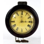 A 19TH CENTURY GERMAN STAINED WOOD POSTMAN'S ALARM WALL CLOCK WITH PAINTED DIAL, 32CM DIAM