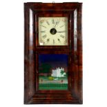 A JEROME & CO TWO DOOR MAHOGANY WALL CLOCK THE LOWER GLASS DOOR PRINTED AND PAINTED WITH A HORSE
