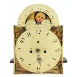 A VICTORIAN EIGHT DAY LONGCASE CLOCK MOVEMENT AND BREAK ARCHED AND PAINTED DIAL WITH LUNAR WORK