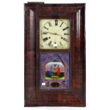 A JEROME & CO MAHOGANY WALL CLOCK THE POLYCHROME DECORATED GLASS DOOR INSCRIBED EXCELSIOR, 65CM H,