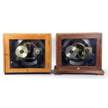 TWO SIMILAR GENTS ELECTRIC MASTER CLOCKS IN LIGHTWOOD CASE WITH GLAZED DOOR, 44CM AND 45CM H,
