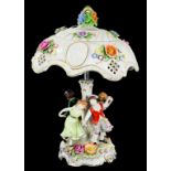 A GERMAN FLORAL ENCRUSTED PORCELAIN LAMP THE PARASOL SHAPED SHADE MOULDED WITH LITHOPHANES THE