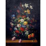 20TH CENTURY SCHOOL - STILL LIFE WITH FLOWERS IN A GLASS VASE, SIGNED WITH THE INITIALS A.M., OIL ON