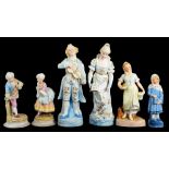 TWO AND TWO PAIRS OF LATE 19TH CENTURY CONTINENTAL BISCUIT PORCELAIN FIGURES 31CM H AND SMALLER